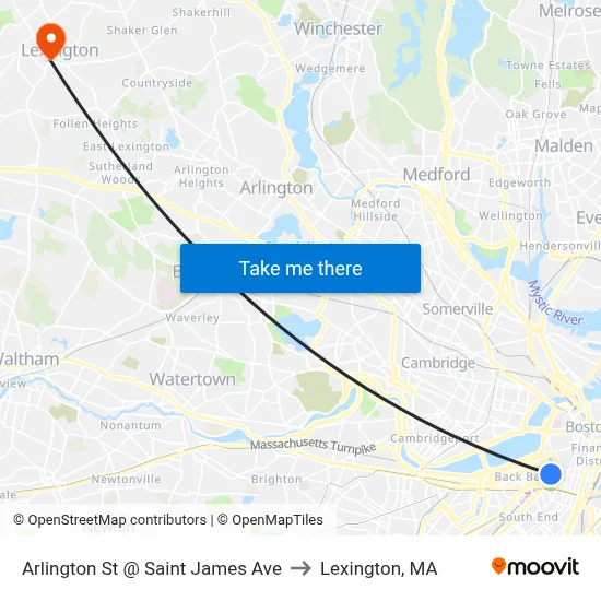 Arlington St @ Saint James Ave to Lexington, MA map