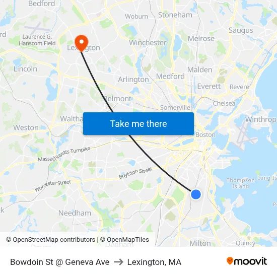 Bowdoin St @ Geneva Ave to Lexington, MA map