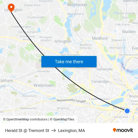 Herald St @ Tremont St to Lexington, MA map