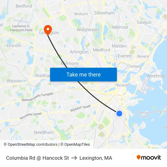 Columbia Rd @ Hancock St to Lexington, MA map