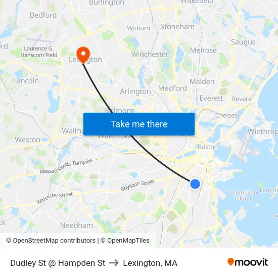 Dudley St @ Hampden St to Lexington, MA map