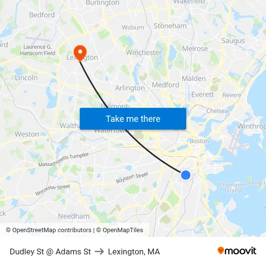Dudley St @ Adams St to Lexington, MA map