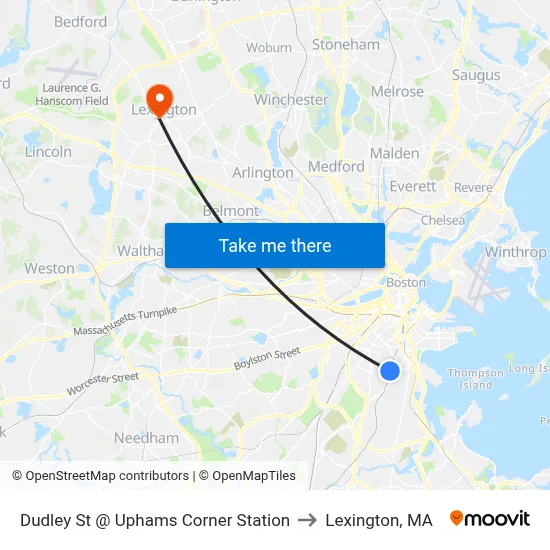 Dudley St @ Uphams Corner Station to Lexington, MA map