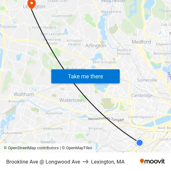 Brookline Ave @ Longwood Ave to Lexington, MA map