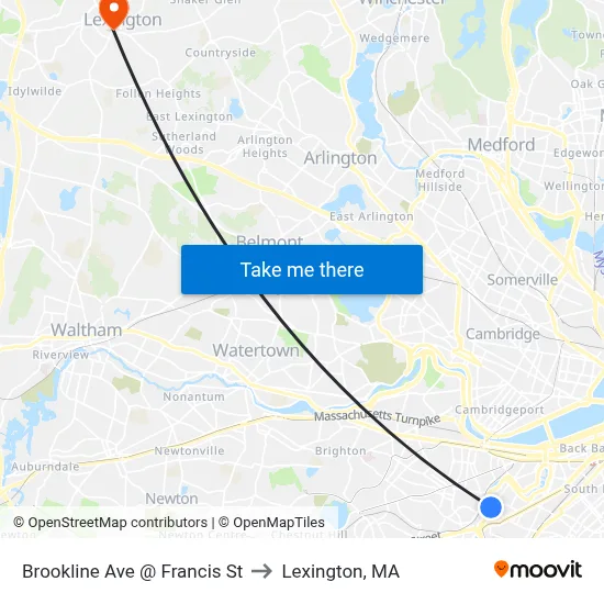 Brookline Ave @ Francis St to Lexington, MA map