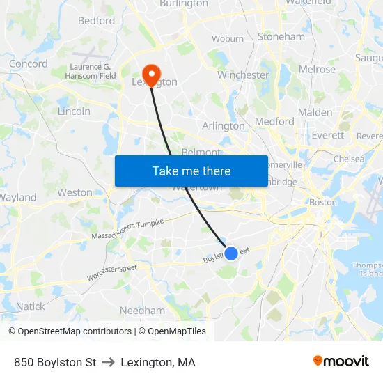 850 Boylston St to Lexington, MA map