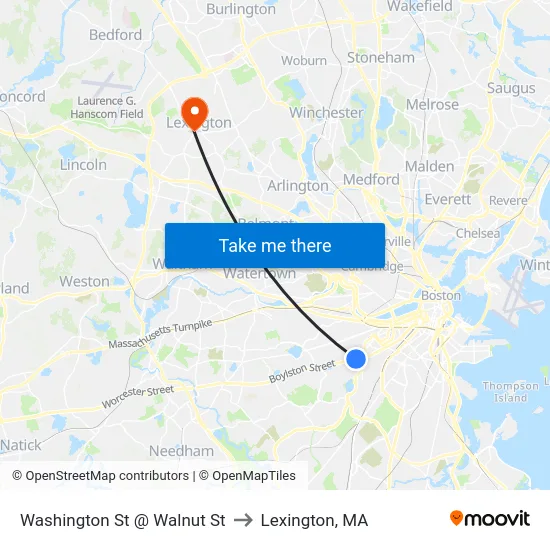 Washington St @ Walnut St to Lexington, MA map