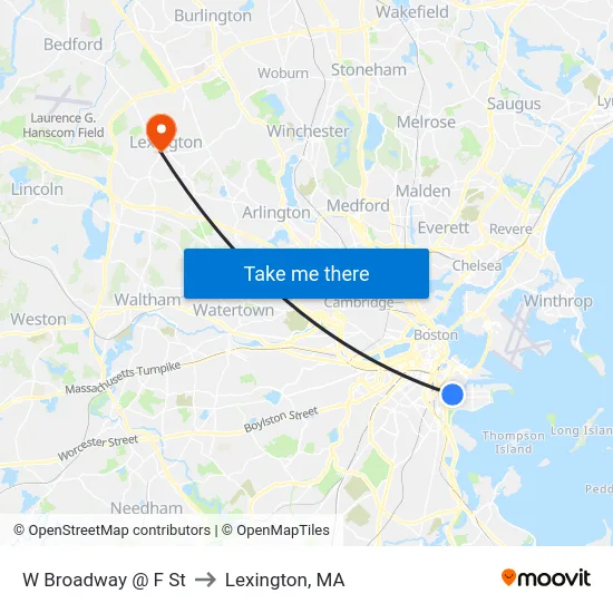 W Broadway @ F St to Lexington, MA map