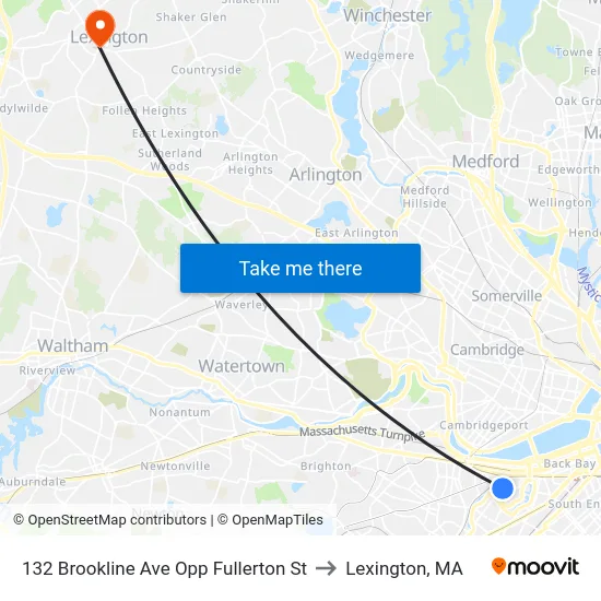 132 Brookline Ave Opp Fullerton St to Lexington, MA map