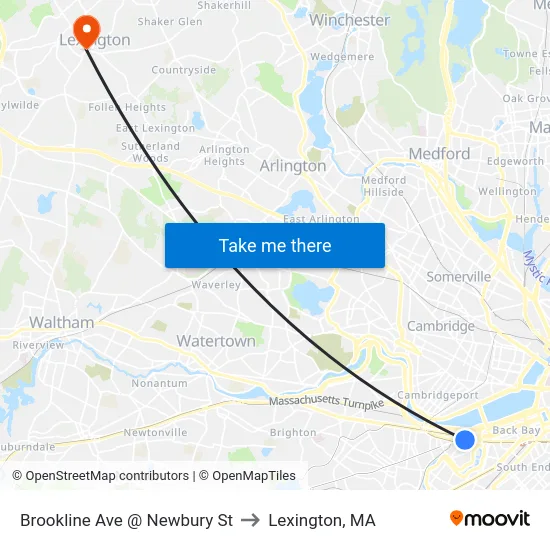 Brookline Ave @ Newbury St to Lexington, MA map