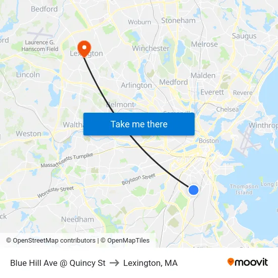Blue Hill Ave @ Quincy St to Lexington, MA map