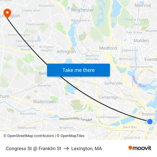 Congress St @ Franklin St to Lexington, MA map