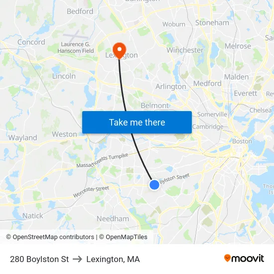 280 Boylston St to Lexington, MA map