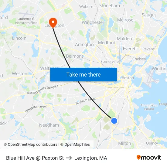 Blue Hill Ave @ Paxton St to Lexington, MA map