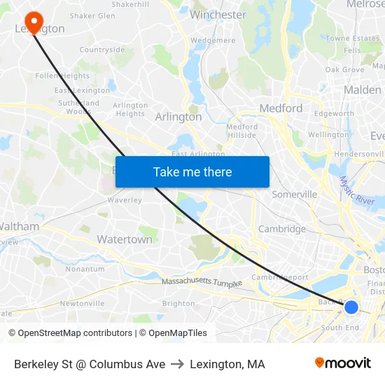 Berkeley St @ Columbus Ave to Lexington, MA map