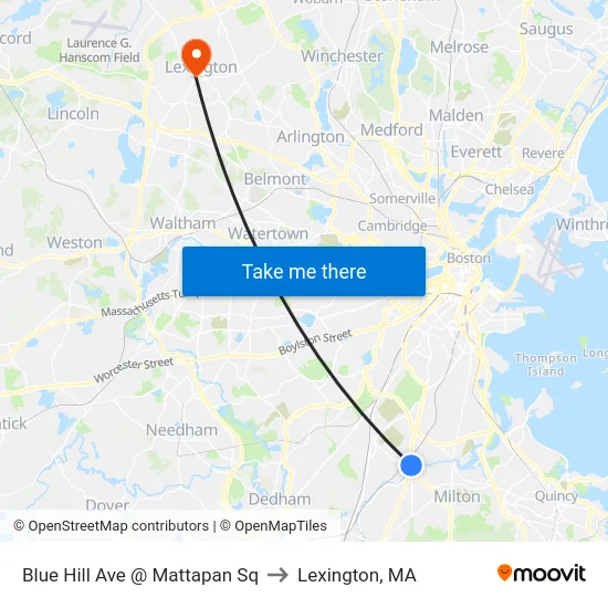 Blue Hill Ave @ Mattapan Sq to Lexington, MA map