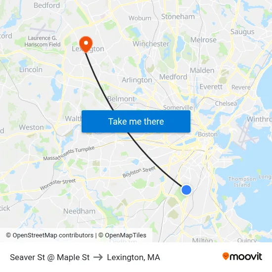 Seaver St @ Maple St to Lexington, MA map