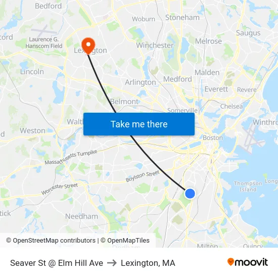 Seaver St @ Elm Hill Ave to Lexington, MA map