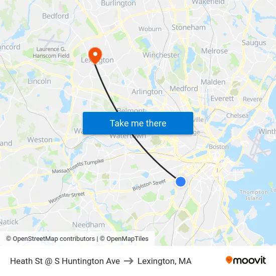 Heath St @ S Huntington Ave to Lexington, MA map