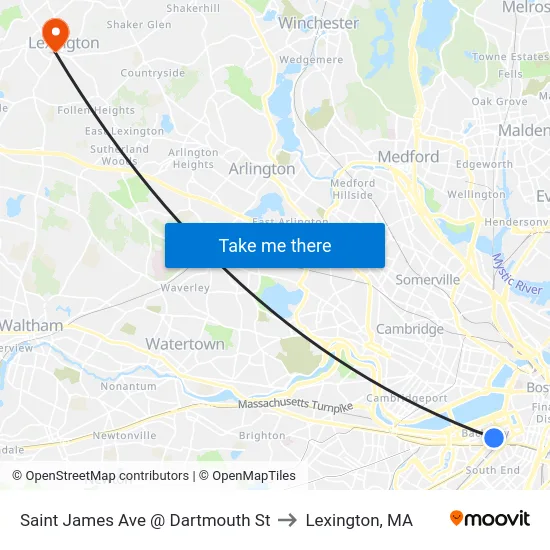 Saint James Ave @ Dartmouth St to Lexington, MA map