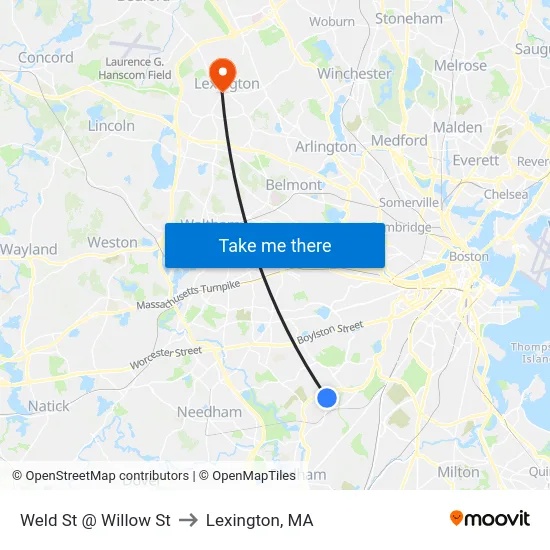 Weld St @ Willow St to Lexington, MA map