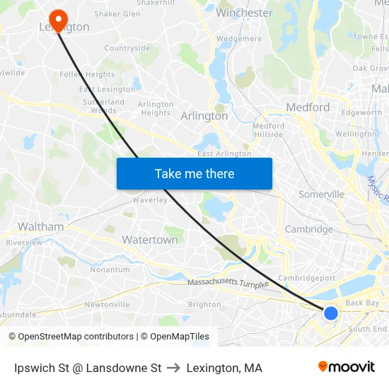 Ipswich St @ Lansdowne St to Lexington, MA map
