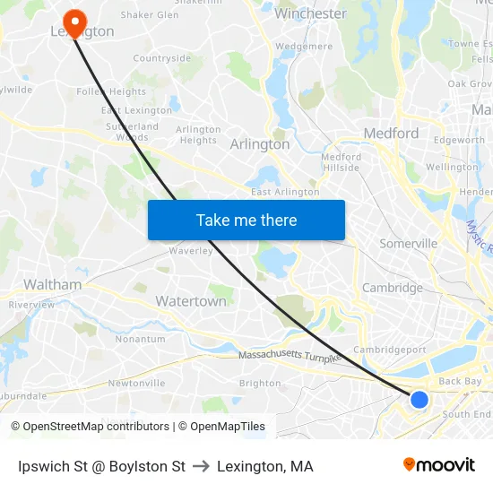 Ipswich St @ Boylston St to Lexington, MA map