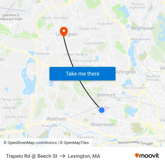 Trapelo Rd @ Beech St to Lexington, MA map