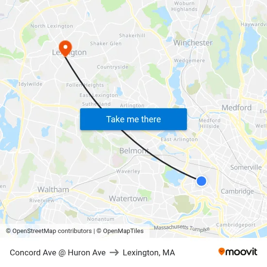 Concord Ave @ Huron Ave to Lexington, MA map
