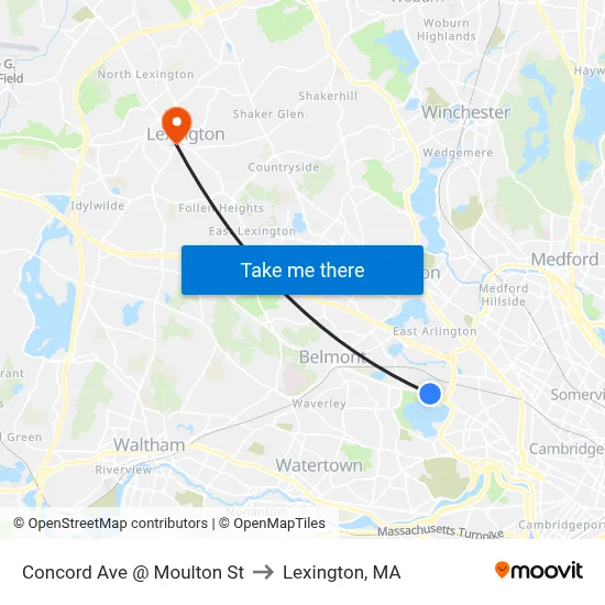Concord Ave @ Moulton St to Lexington, MA map
