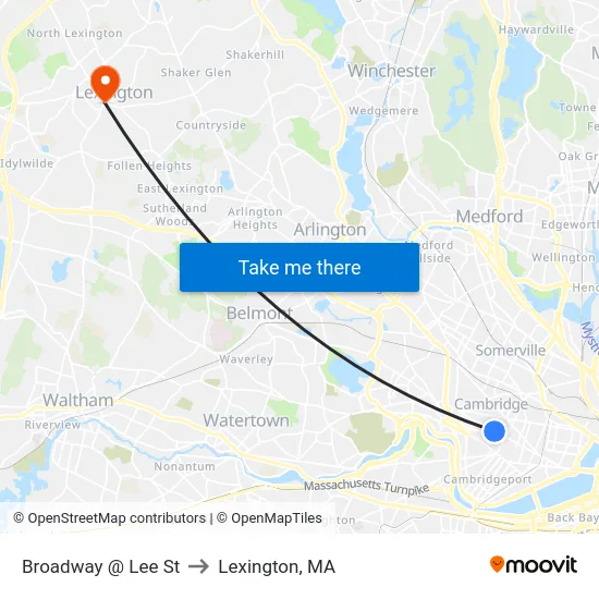 Broadway @ Lee St to Lexington, MA map