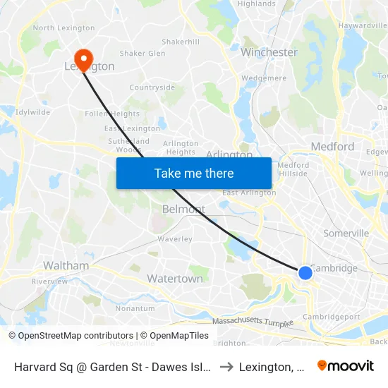 Harvard Sq @ Garden St - Dawes Island to Lexington, MA map