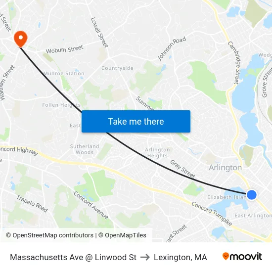 Massachusetts Ave @ Linwood St to Lexington, MA map