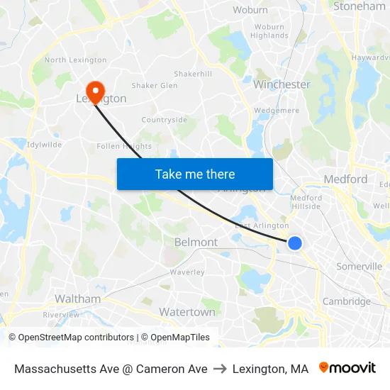 Massachusetts Ave @ Cameron Ave to Lexington, MA map
