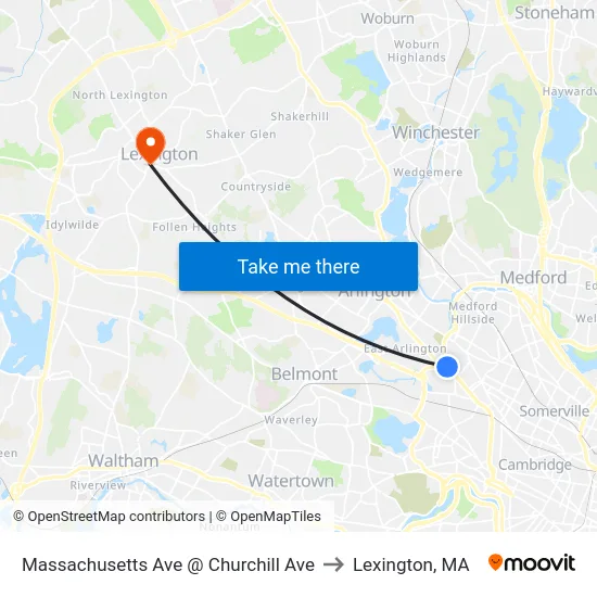 Massachusetts Ave @ Churchill Ave to Lexington, MA map
