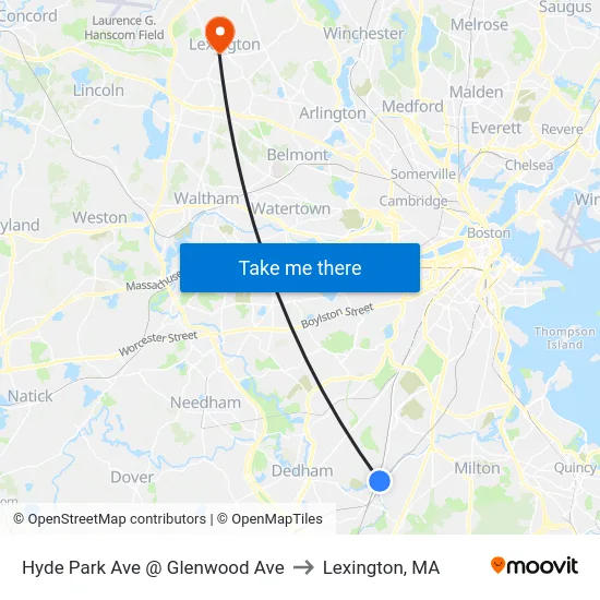 Hyde Park Ave @ Glenwood Ave to Lexington, MA map