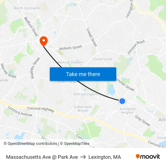 Massachusetts Ave @ Park Ave to Lexington, MA map