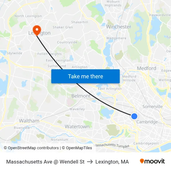 Massachusetts Ave @ Wendell St to Lexington, MA map