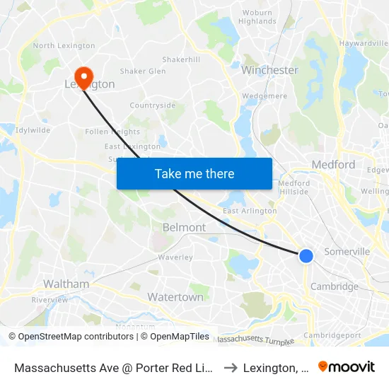 Massachusetts Ave @ Porter Red Line Sta to Lexington, MA map