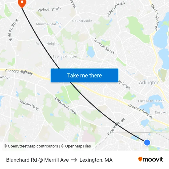 Blanchard Rd @ Merrill Ave to Lexington, MA map