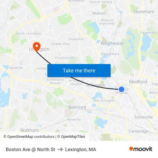 Boston Ave @ North St to Lexington, MA map