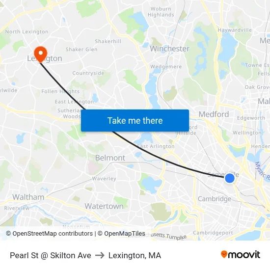 Pearl St @ Skilton Ave to Lexington, MA map