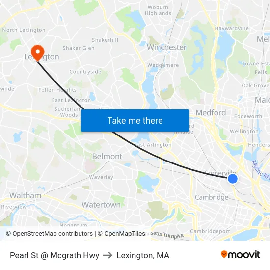 Pearl St @ Mcgrath Hwy to Lexington, MA map