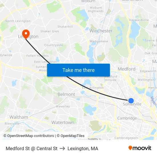 Medford St @ Central St to Lexington, MA map