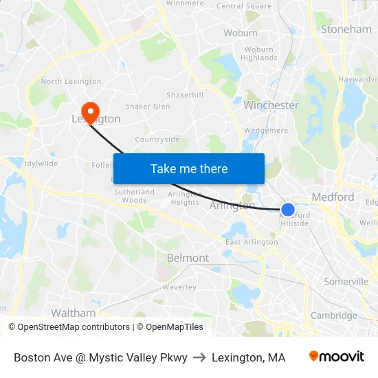 Boston Ave @ Mystic Valley Pkwy to Lexington, MA map