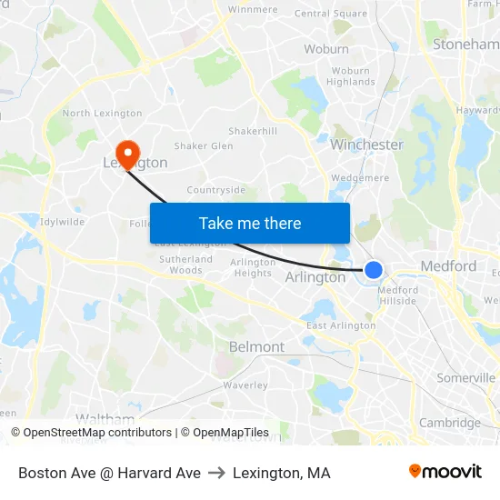 Boston Ave @ Harvard Ave to Lexington, MA map
