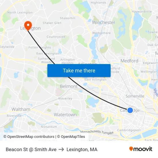 Beacon St @ Smith Ave to Lexington, MA map