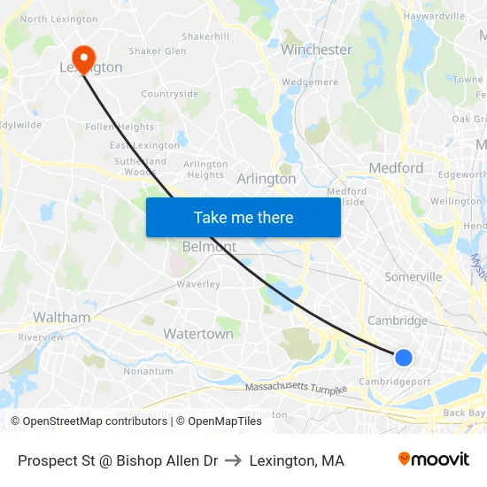 Prospect St @ Bishop Allen Dr to Lexington, MA map