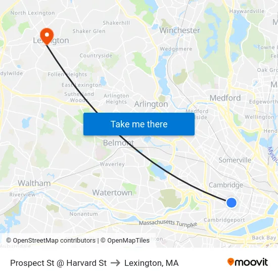 Prospect St @ Harvard St to Lexington, MA map