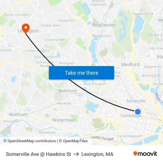 Somerville Ave @ Hawkins St to Lexington, MA map